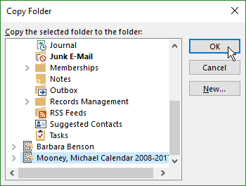 screenshot of Copy Folder window with Calendar name highlighted