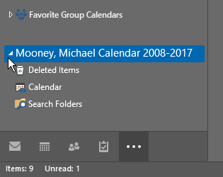 screenshot of calendar PST file name highlighted with subfolders listed