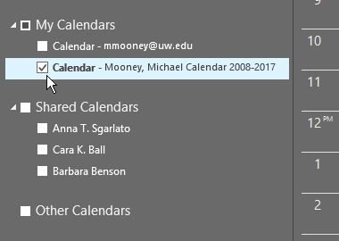 screenshot of calendar vview with PST file name highlighted
