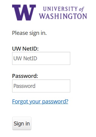 UW authentication window with UW NetID and Password windows to fill in