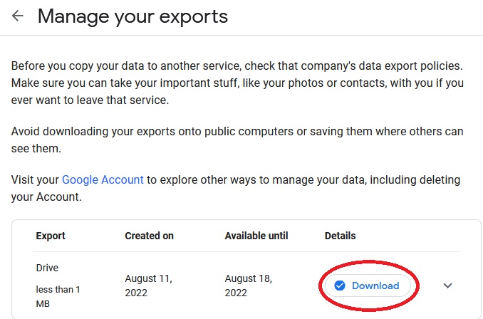 Web browser screenshot of displaying the export file from Google Drive, the date it was created and a button labeled 'Download' circled in red