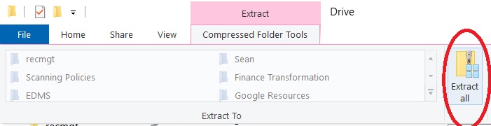 The zipped folder on a windows file server with the 'Scanning Policies' folder on display. The top toolbar item named 'Compressed Folder Tools' is highlighted and the new subtoolbar button called 'Extract all' on the right hand side is circled in red