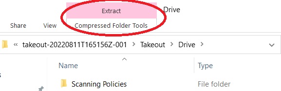 The zipped folder on a windows file server with the 'Scanning Policies' folder on display. The top toolbar item named 'Compressed Folder Tools' circled in red