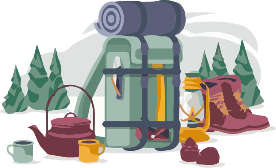 hiking backpack with supplies and trees