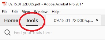 a PDF, opened in Adobe Acrobat Pro, with the Tools toolbar circled