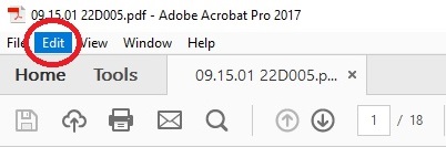 a PDF, opened in Adobe Acrobat Pro, with the 'Edit' button circled