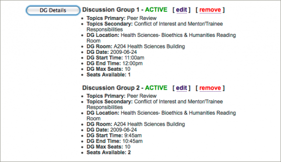 Biomedical Research Integrity Program > Discussion Group Management Screen