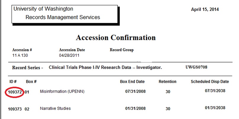 Accession Confirmation form with box ID# circled in red in far left column