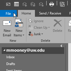 screenshot of Outlook calendar with File tab highlighted