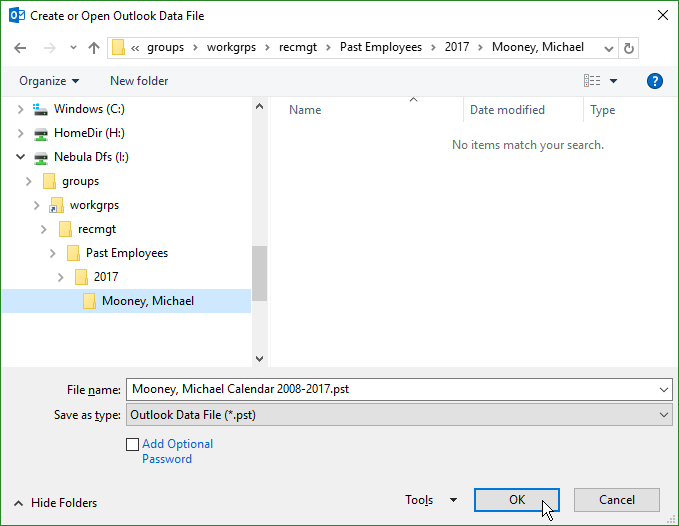 screenshot of window named Create or Open Outlook Data File used to choose a location for saving the new data file