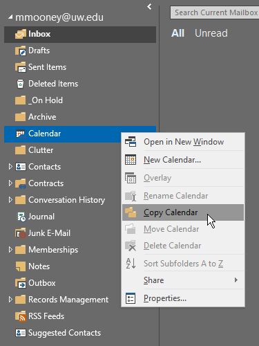 sceenshot of folder named Calendar highlighted with submenu option Copy Calendar also highlighted