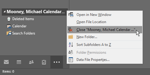 screenshot of PST file name highlighted with submenu option Close highlighted