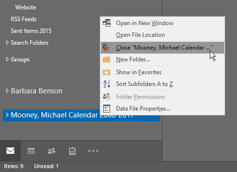 screenshot of calendar PST file name highlighted with submenu option Close also highlighted