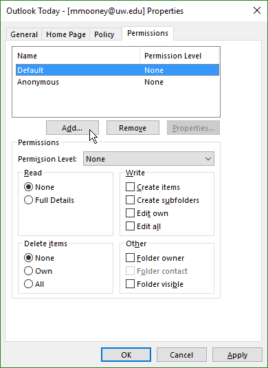 screenshot of Permissions tab on the Properties window