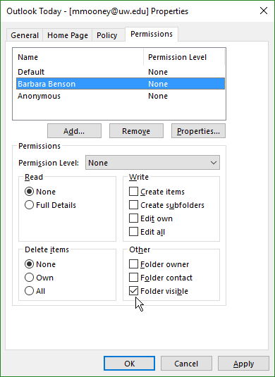 screenshot of Properties window on Permissions tab with User2 name selected and box Folder visible checked