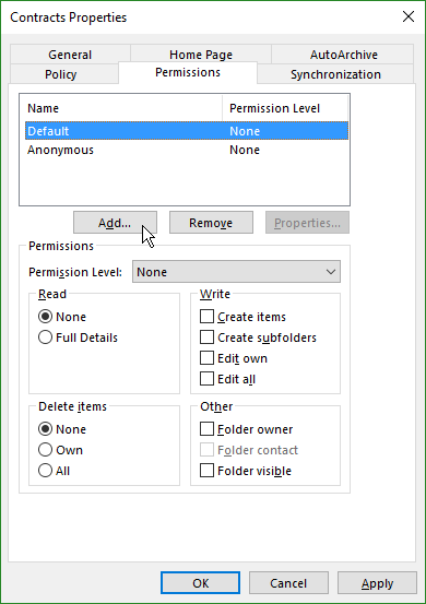 screenshot of folder Properties window Permissions tab
