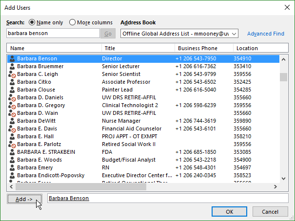 screenshot of Add Users window with directory of email addresses