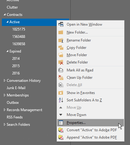 screenshot of folder list with submenu open and Properties highlighted