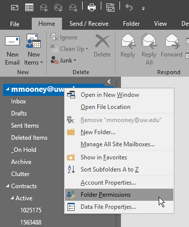 screenshot of inbox name highlighted with submenu open and Folder Permissions highlighted