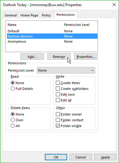 screenshot of folder Properties window on Permissions tab with user2 name highlighted