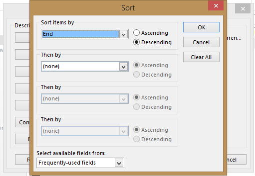 screenshot of Sort window with End selected