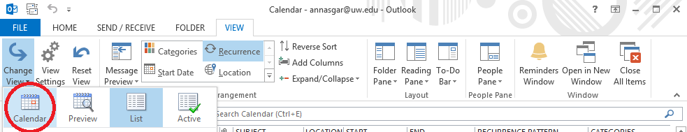 screenshot with red circle around Calendar option