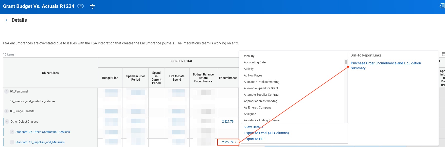 Workday R1234 report showing encumbrance pop-up window
