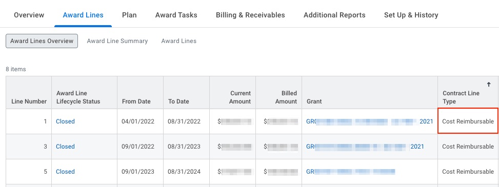 Workday screenshot of award line tab