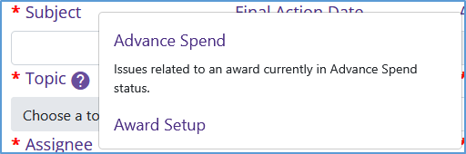 Award Portal topic window displaying topic descriptions