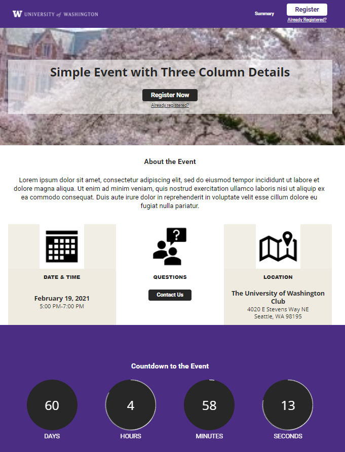 Simple Event with Three Column with Details (date, questions, and location) interface image 