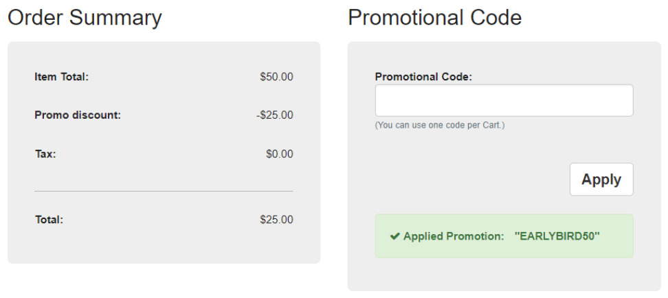 An example of the order summary for an item and the ability to change price or enter a promotion discount