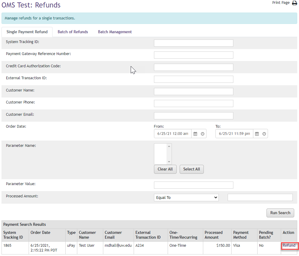 This depicts Payment Details where merchants can proceed to refund users