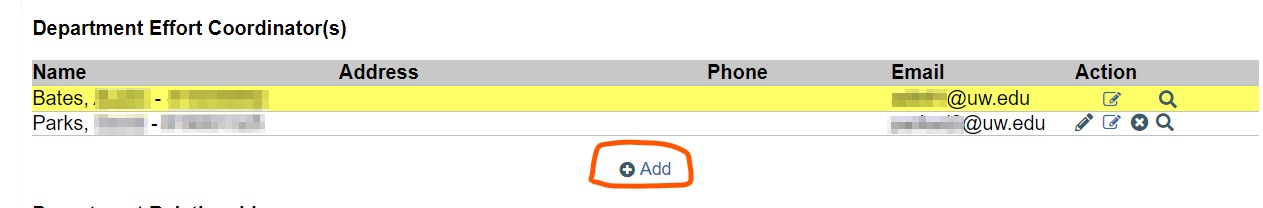 Screenshot of Add button on ECC Department Information tab
