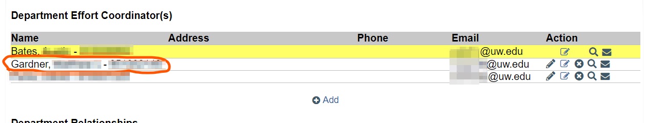 Screenshot of ECC Department Effort Coordinators list