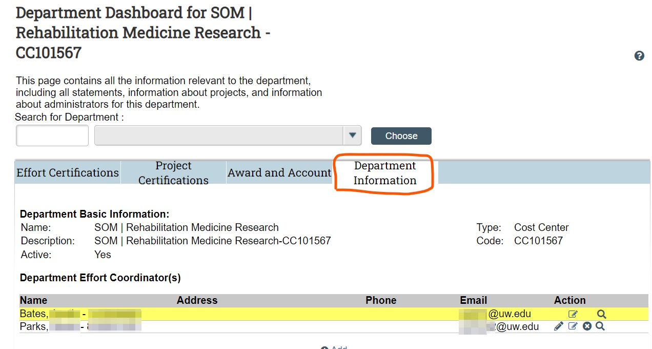 Screenshot of ECC Department Information tab