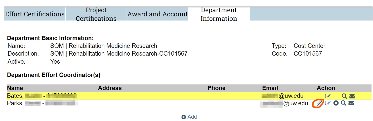 Screenshot of ECC Department Effort Coordinators list