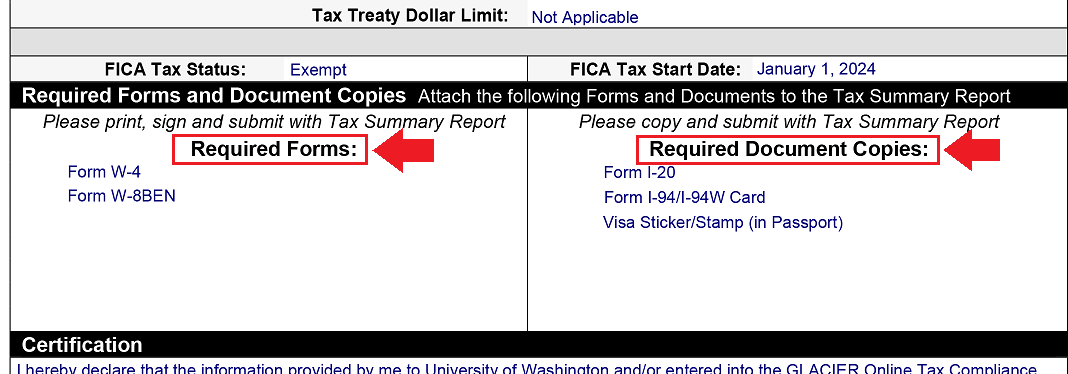 Glacier Tax Summary Report showing required forms and documents