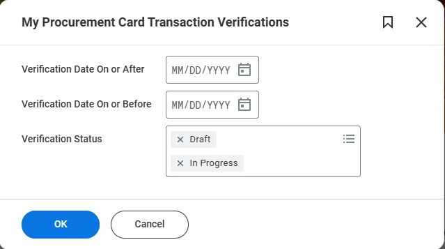 My Procurement Card Transaction Verifications report filter