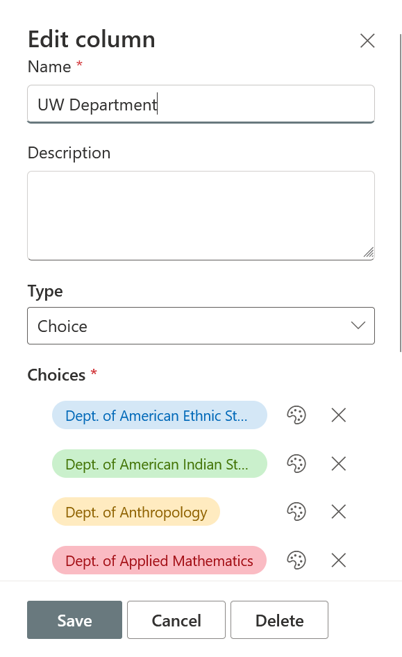 A popup when clicking on Edit Column of a Choice-Type column with examples of color coded choices, featuring a list of UW departments