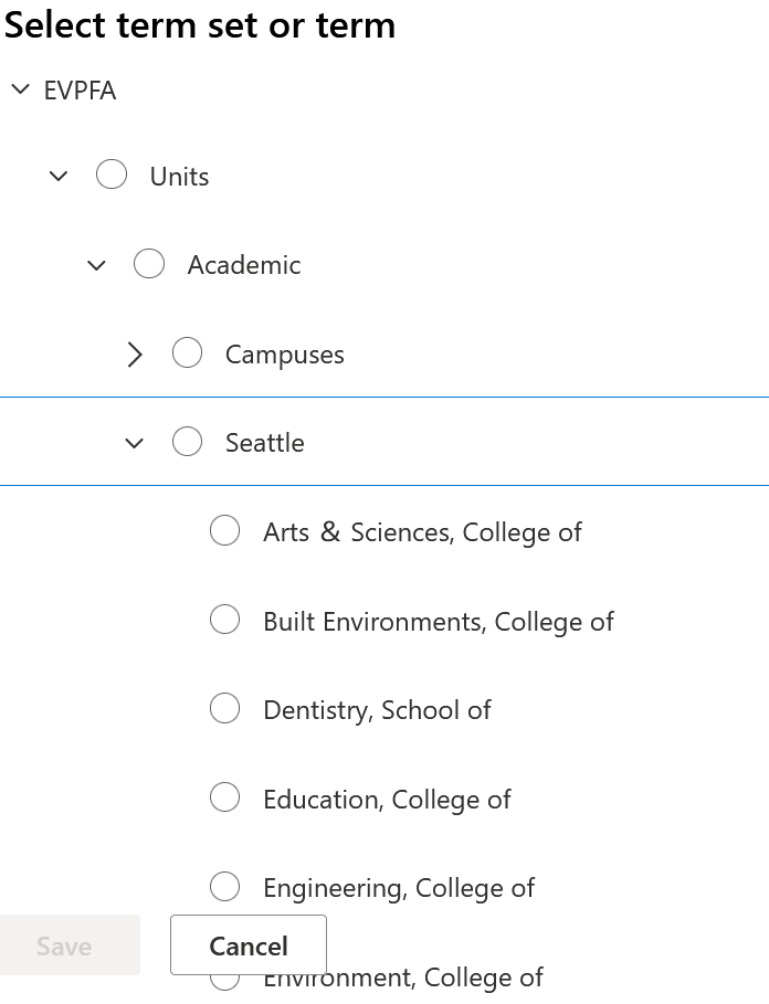 A popup of a managed metadata field listing, displaying a dropdown menu of Seattle campus colleges to choose from.