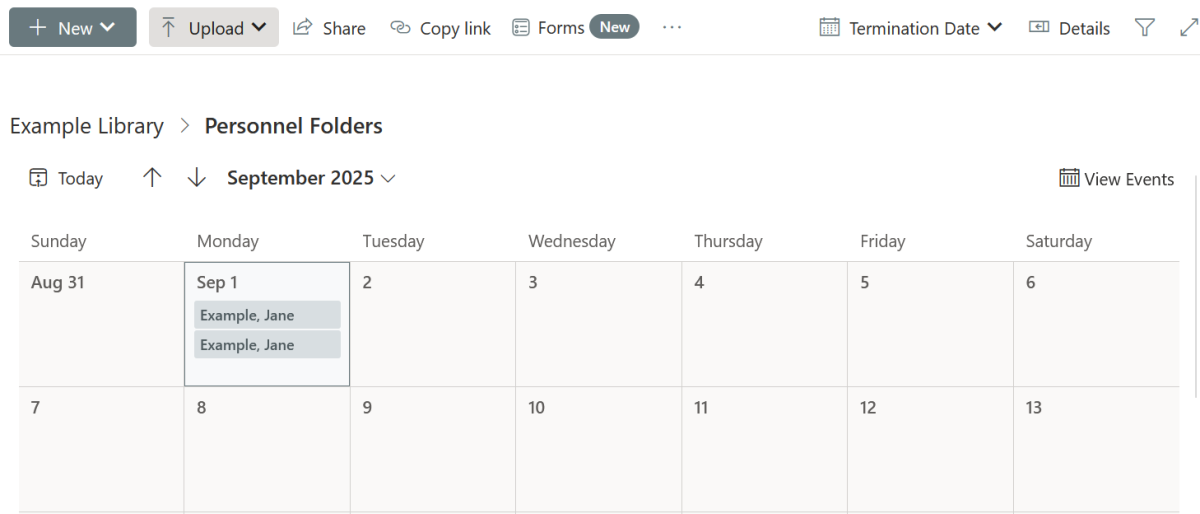 A screenshot of a SharePoint Document Library with a calendar view enabled, displaying a month calendar with document details assigned to a specific day of the month