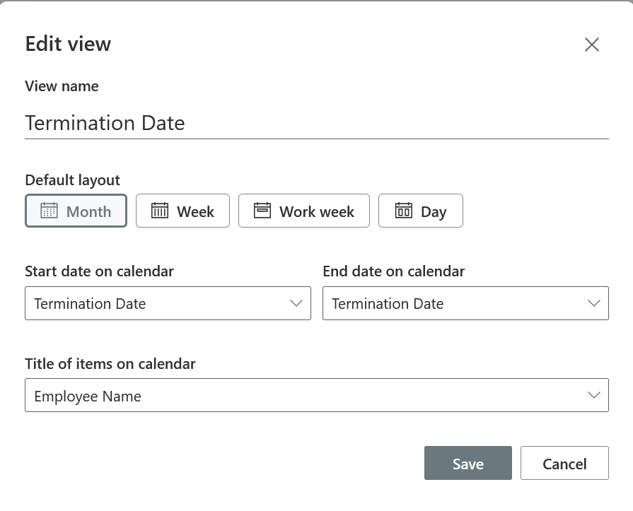 A screenshot of a SharePoint Document Library with the Create view popup showing the Calendar view settings