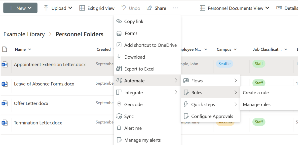 Screenshot of SharePoint document library, showing the Create a Rule button