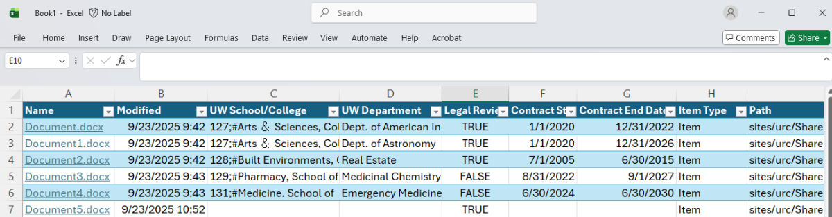 A screenshot of an excel file, generated from clicking the Export to Excel button from a SharePoint document library, displaying examples of file paths and metadata