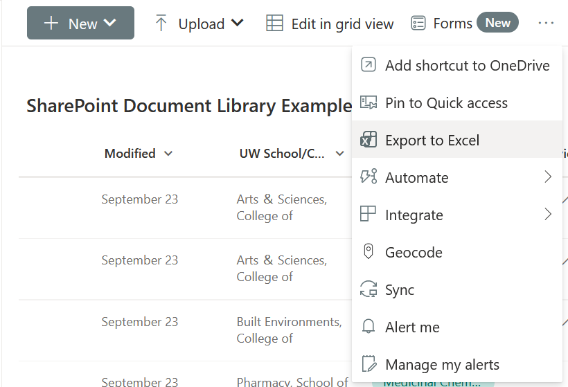 A screenshot of the SharePoint document library toolbar with the Export to Excel button highlighted