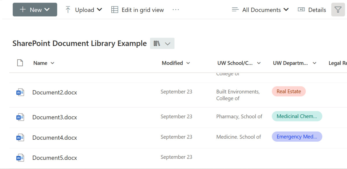 A sharepoint document library with the filter button icon in the top right highlighted