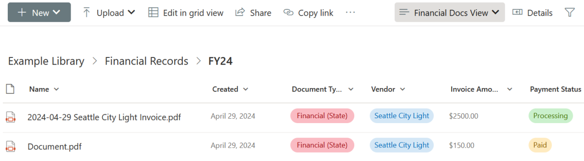 A screenshot of a Sharepoint document library of financial records, with financial-related metadata columns, and the Financial Docs View setting highlighted