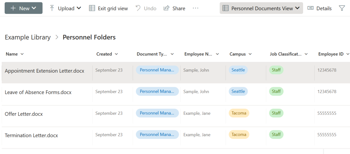 A screenshot of a SharePoint document library with personnel records, featuring personnel-related metadata fields assigned to each document, with the Personnel Documents View setting highlighted