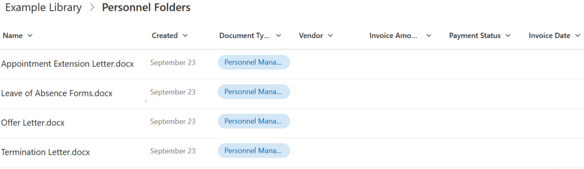 A screenshot of a document library for Personnel Folders but with metadata columns of Vendor, Invoice Amount, Payment Status, Payment Date