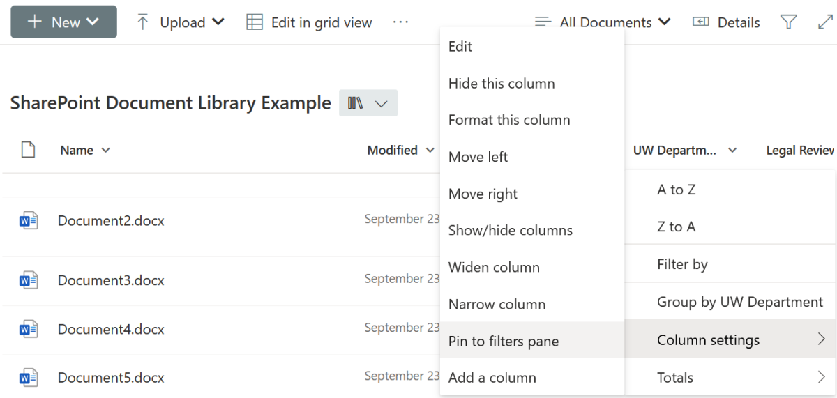 A screenshot of a SharePoint document library with a column being right-clicked and popup windows appearing showing how to locate the Pin to Filters button in the column settings